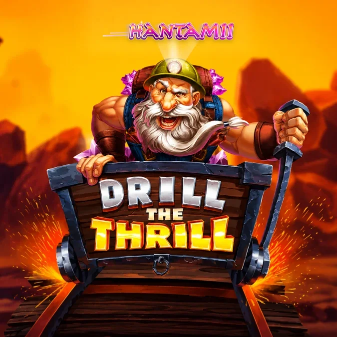 Tampilan visual slot Drill the Thrill dengan tema tambang dan simbol bor